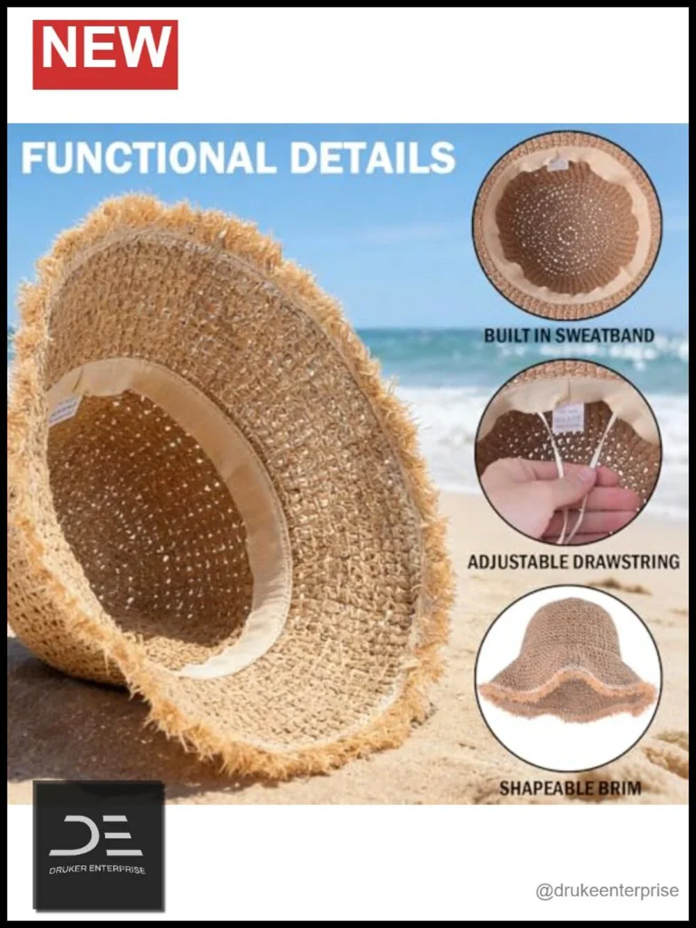 Straw Bucket Sun Hat, Packable Floppy Wide Brim Beach Hat with Adjustable